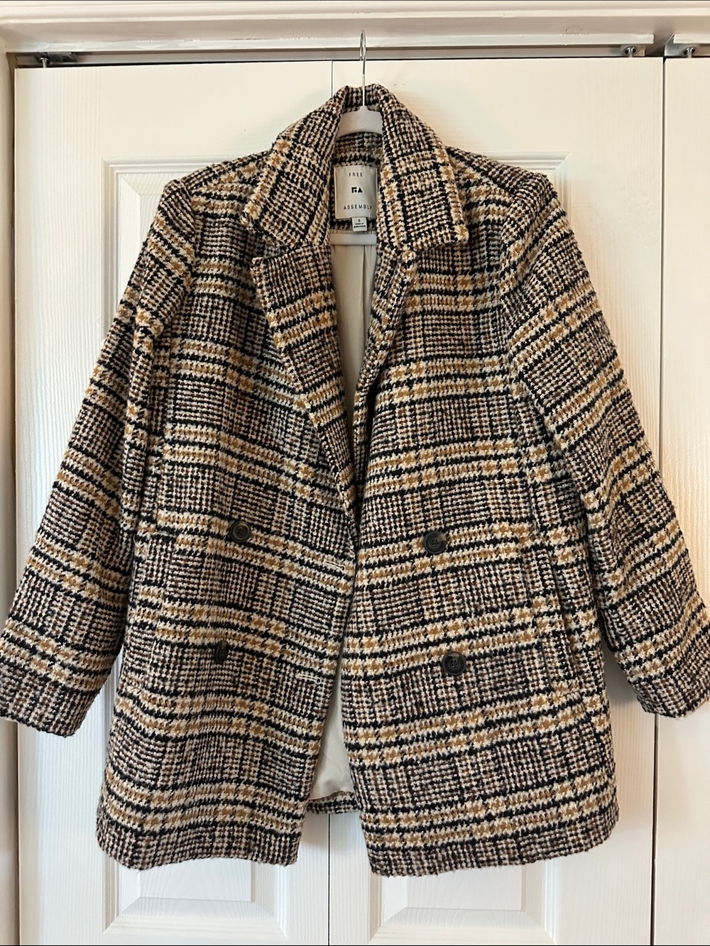 Free Assembly Checked Double-Breasted Pea Coat - Beige/Black - Picture 1 of 3